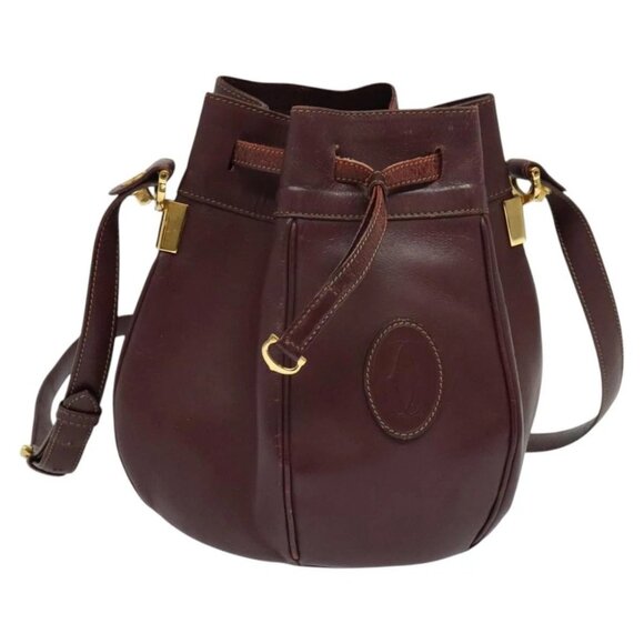 CARTIER Shoulder Bag Leather Bordeaux Gold Auth 139752 - Picture 1 of 16